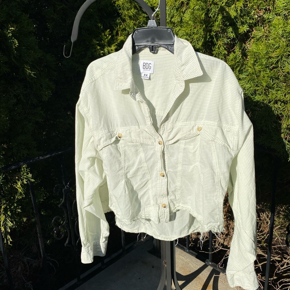 BDG distressed button up shirt with green and white stripes